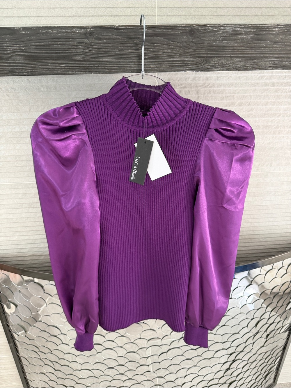 Lea & Viola Magenta Ribbed Mock Neck Top with Puff Sleeves